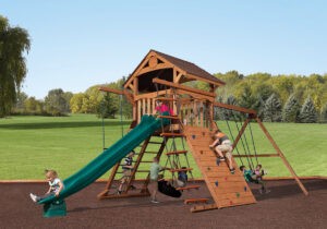 swing set with rock wall