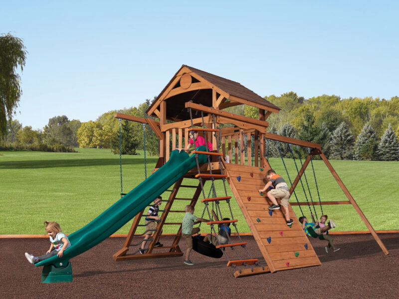 swing set with rock wall