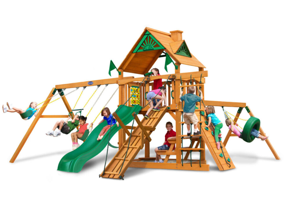 Swing Set Ramp Horizon with Tire Swing, Ramp, and Standard Roof Kids Backyard Playset