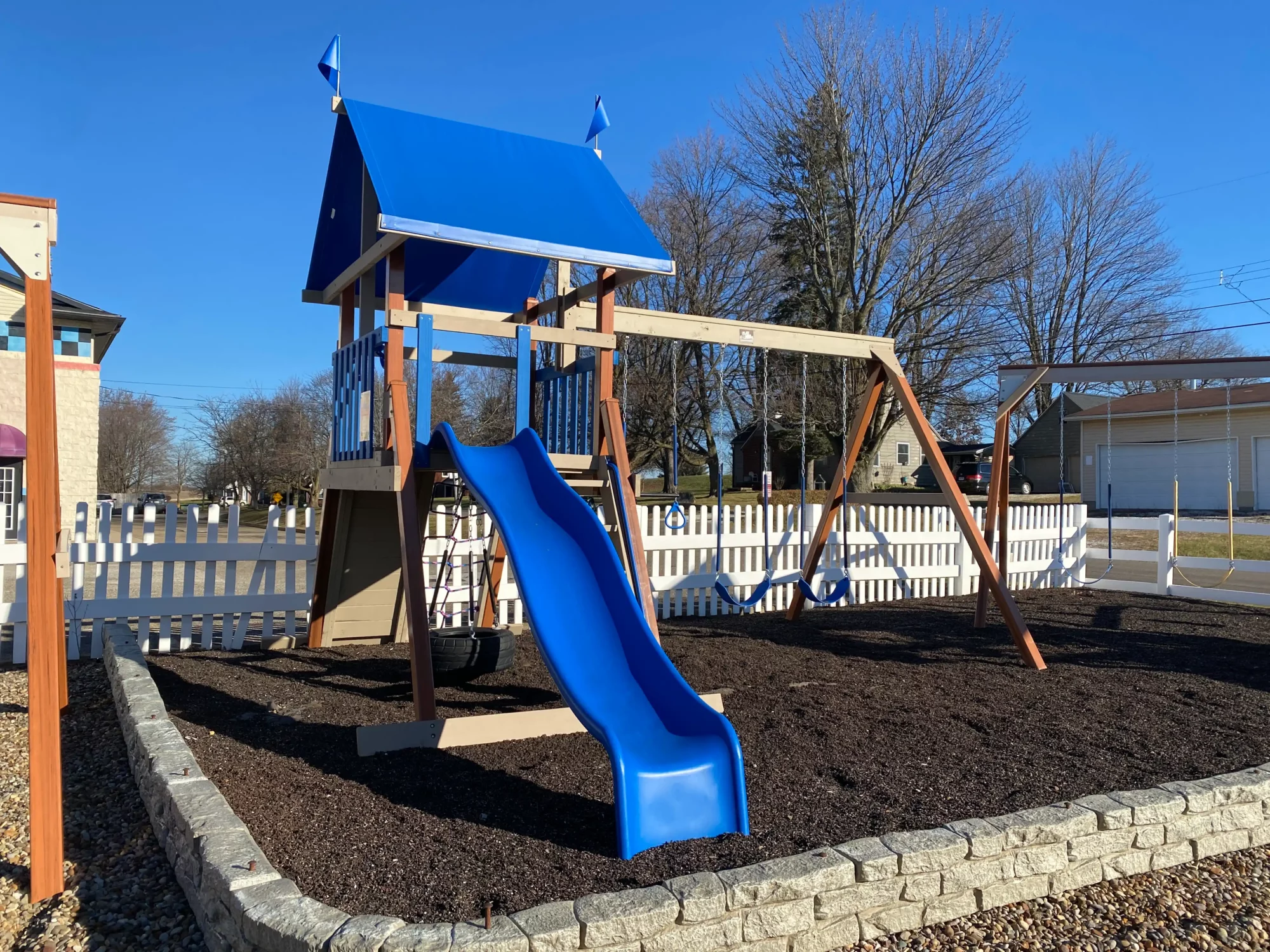 Wooden swing set with slide kids world play systems